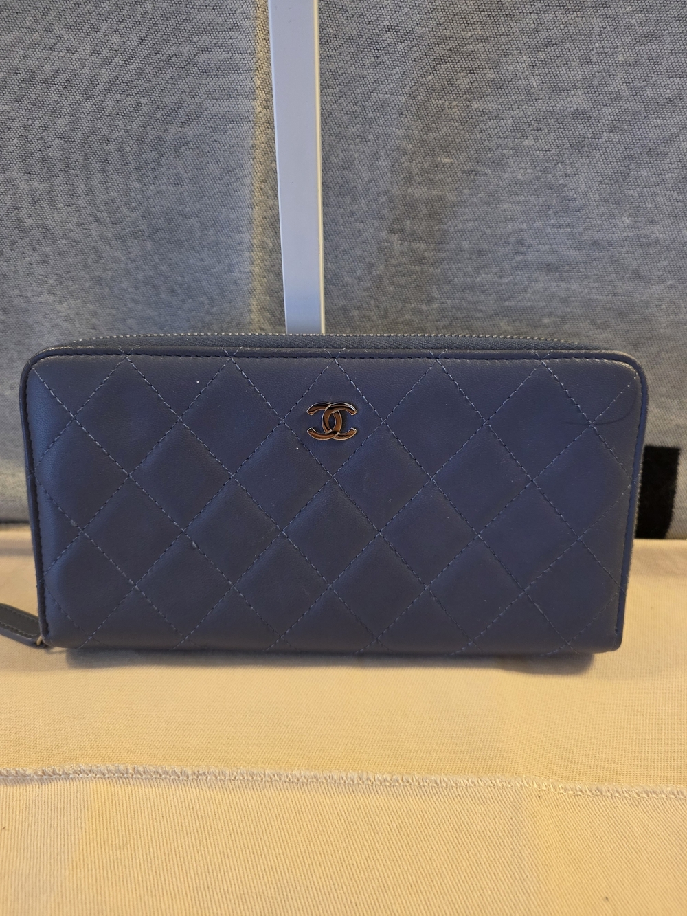 CHANEL Quilted Blue Zip-Around Wallet with CC Logo